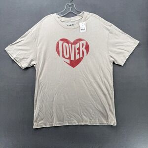 MAD ENGINE Lover Heart Graphic T Shirt M Beige Cotton Polyester Blend Casual Tee